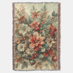 Elegant Vintage Christmas Flowers Throw Blanket
