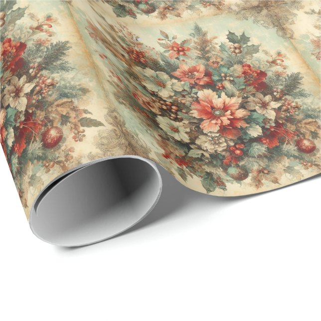 Elegant Vintage Christmas Flowers  Wrapping Paper (Roll Corner)