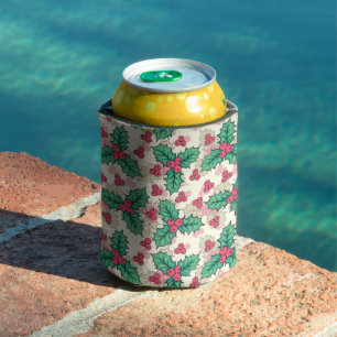 Elegant Vintage Christmas Holly Floral Pattern Can Cooler