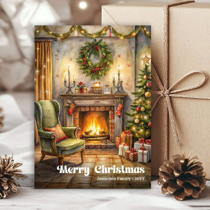 Elegant vintage Christmas interior in bright red  Holiday Card