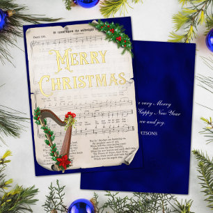 Elegant Vintage Christmas Music Harp Blue Gold Foil Holiday Card