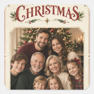 Elegant Vintage Christmas Photo, Retro Frame style Square Sticker