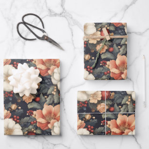 Elegant Vintage Christmas Poinsettia & Rose Floral Wrapping Paper Sheet