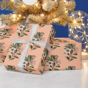 Elegant Vintage Christmas Rose Peach Orange Wrapping Paper