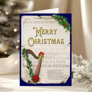 Elegant Vintage Christmas Sheet Music Harp Holiday Card