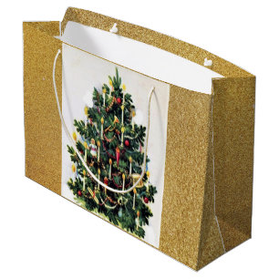 Elegant Vintage Christmas Tree and Gold Glitter  Large Gift Bag