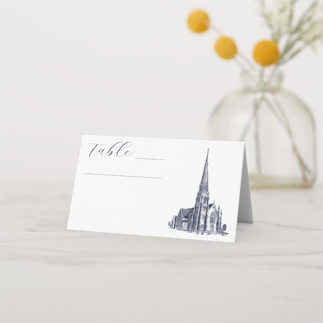 Elegant Vintage Church Illustration Wedding Place Card (Front)
