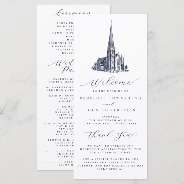 Elegant Vintage Church Illustration Wedding Program (Front/Back)