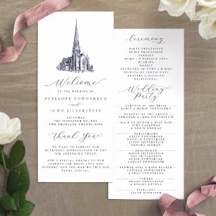 Elegant Vintage Church Illustration Wedding Program