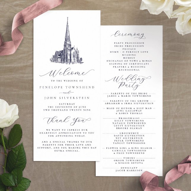 Elegant Vintage Church Illustration Wedding Program (Elegant Vintage Church Illustration Wedding Program)