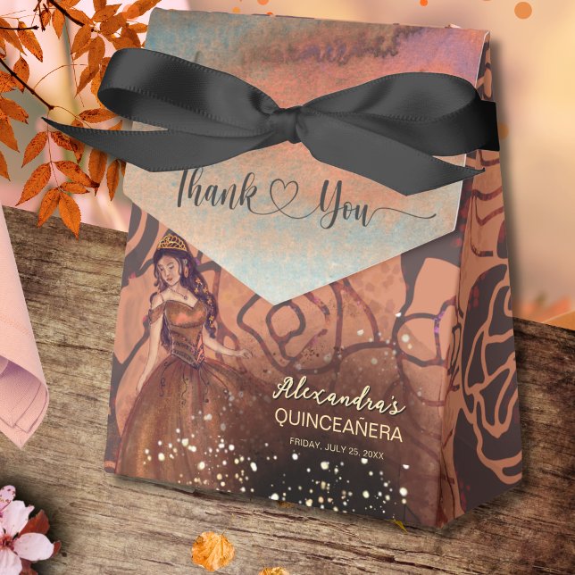 Elegant Vintage Copper Rose Quinceañera Favour Box (Elegant Vintage Copper Rose Quinceañera Favor Box)