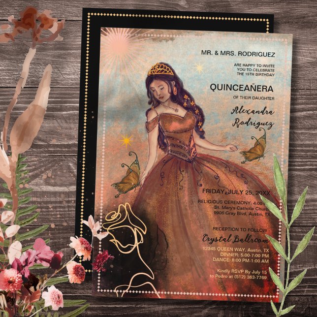 Elegant Vintage Copper Rose Quinceañera Invitation (Elegant Vintage Copper Rose Quinceañera Invitation)