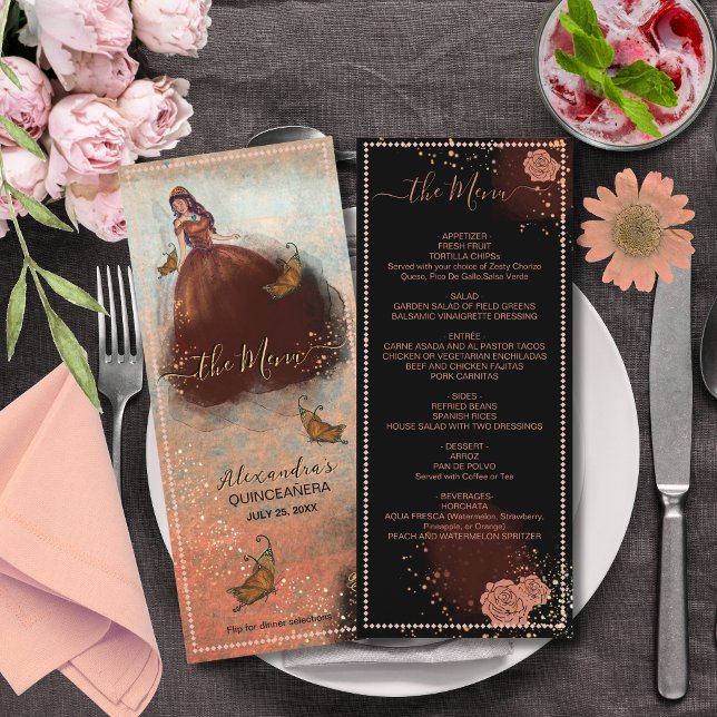 Elegant Vintage Copper Rose Quinceañera Menu (Elegant Vintage Copper Rose Quinceañera Menu)