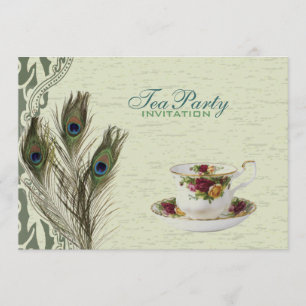 elegant vintage country green peacock tea party invitation