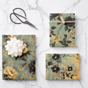 Elegant Vintage Cream & Black Floral on Sage Green Wrapping Paper Sheet