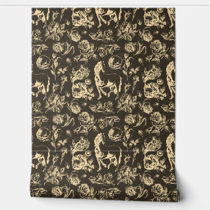 Elegant Vintage Cream Brown Horse Floral Pattern Wallpaper