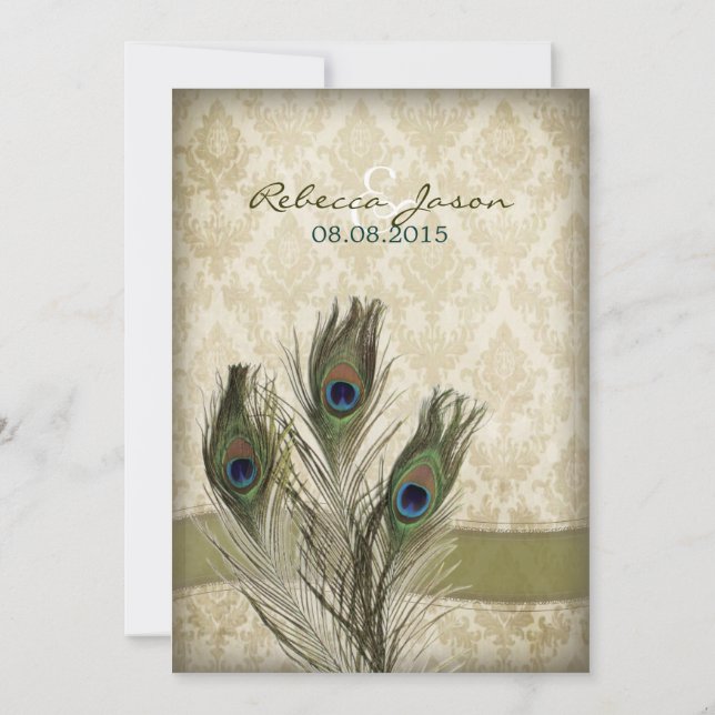 elegant vintage cream damask peacock wedding invitation (Back)