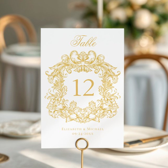 Elegant Vintage Crest Gold Wedding Table Number (Creator Uploaded)