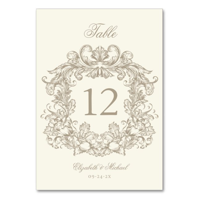 Elegant Vintage Crest Ivory Wedding Table Number (Front)