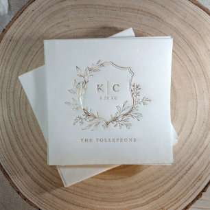 Elegant Vintage Crest Wedding Logo Gold Foil Napkins
