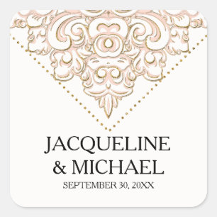 Elegant Vintage Damask Blush Pink Gold Lace Bridal Square Sticker