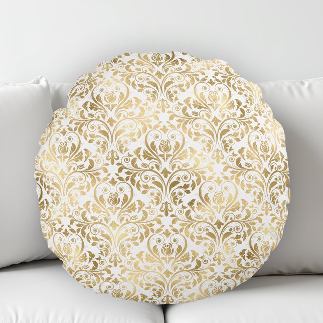 Elegant Vintage Damask Gold White Round Cushion (Creator Uploaded)
