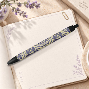 Elegant vintage damask navy Blue yellow monogram Black Ink Pen