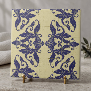 Elegant vintage damask navy Blue yellow monogram Ceramic Tile