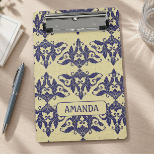 Elegant vintage damask navy Blue yellow monogram Mini Clipboard