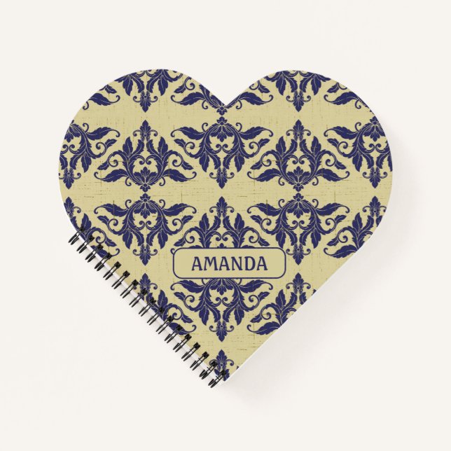 Elegant vintage damask navy Blue yellow monogram Notebook (Front)