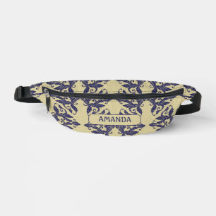 Elegant vintage damask navy Blue yellow monogram S Bum Bags