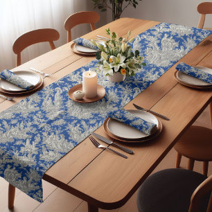 Elegant vintage dark blue toile de jouy printed short table runner