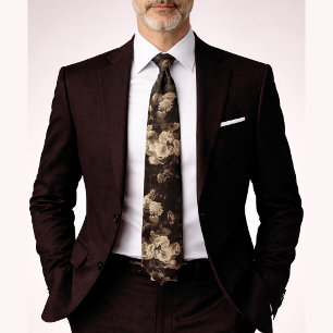 Elegant Vintage Dark Moody Black Beige Floral Tie