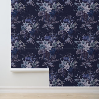 Elegant Vintage Dark Moody Blue Floral Wallpaper