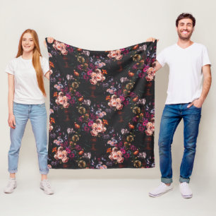 Elegant Vintage Dark Moody Burgundy Floral Fleece Blanket