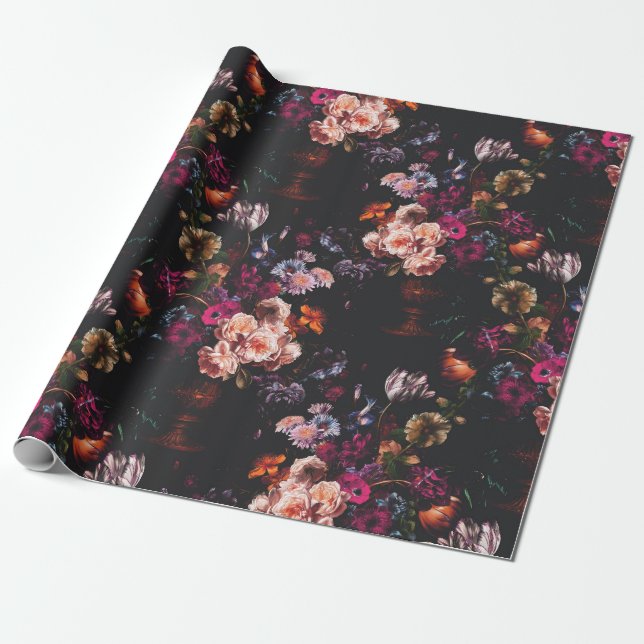 Elegant Vintage Dark Moody Burgundy Floral  Wrapping Paper (Unrolled)