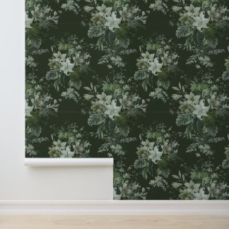 Elegant Vintage Dark Moody Green Floral Wallpaper