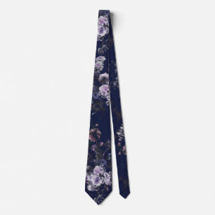Elegant Vintage Dark Moody Navy Blue Floral Tie