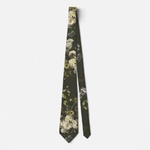 Elegant Vintage Dark Moody Olive Green Floral Tie