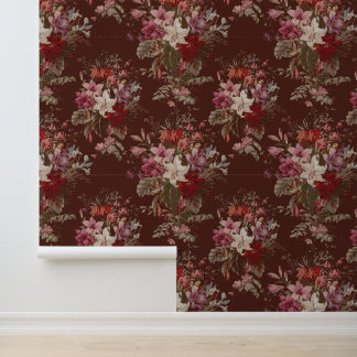 Elegant Vintage Dark Moody Red Floral Wallpaper