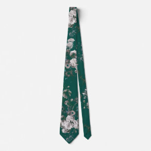 Elegant Vintage Dark Moody Teal Floral Tie