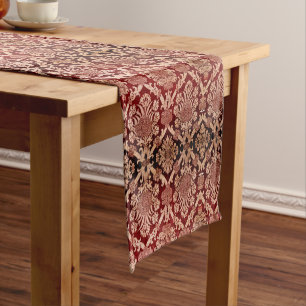 Elegant Vintage Dark Red Beige Damask Weave Short Table Runner