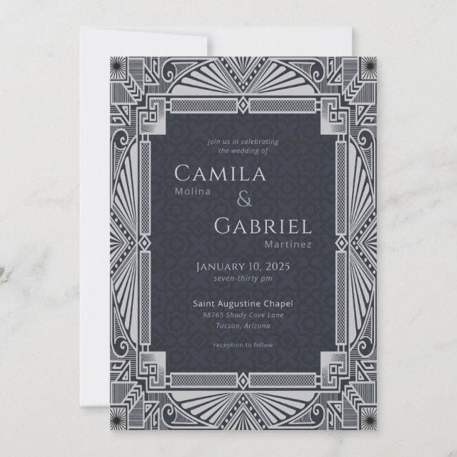 Elegant Vintage Deco Navy Grey Invitation (Front)