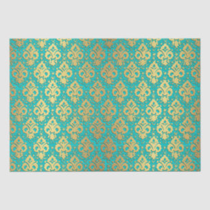 Elegant Vintage Decoupage Gold Teal Damask Tissue Paper