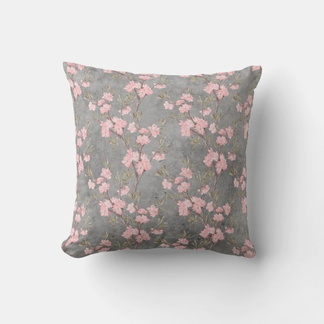Elegant Vintage Delicate Pink Flowers Grey Cushion (Front)