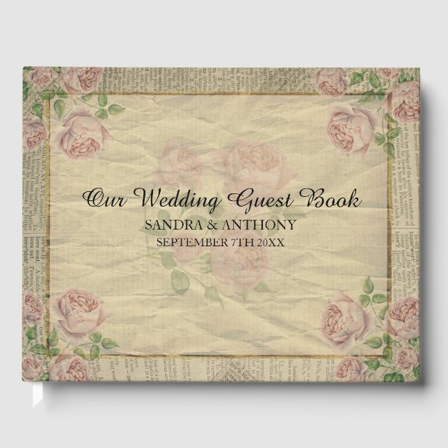 Elegant Vintage Dictionary Print with Roses  Guest Book (Front)