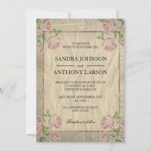 Elegant Vintage Dictionary Print with Roses Invitation