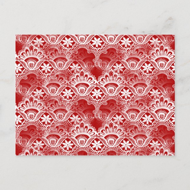 Elegant Vintage Distressed Red White Lace Damask Postcard (Front)