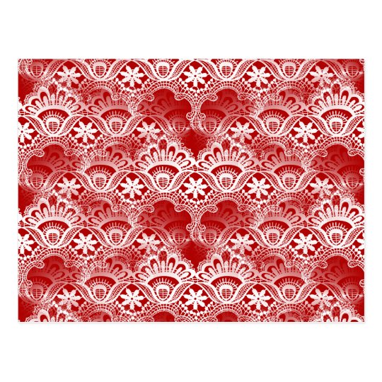 Elegant Vintage Distressed Red White Lace Damask Postcard