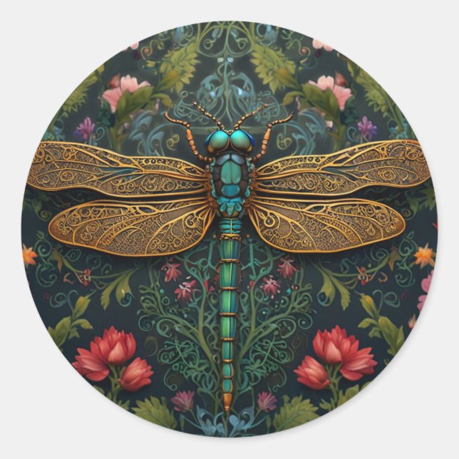 Elegant Vintage dragonfly boho botanical  Classic Round Sticker (Front)